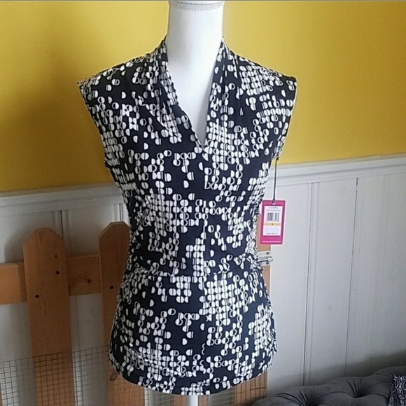 Vince Camuto ✦ Black White Geometric Blouse ✦ Cinched Sides V-Neck Sleeveless S - Picture 4 of 16